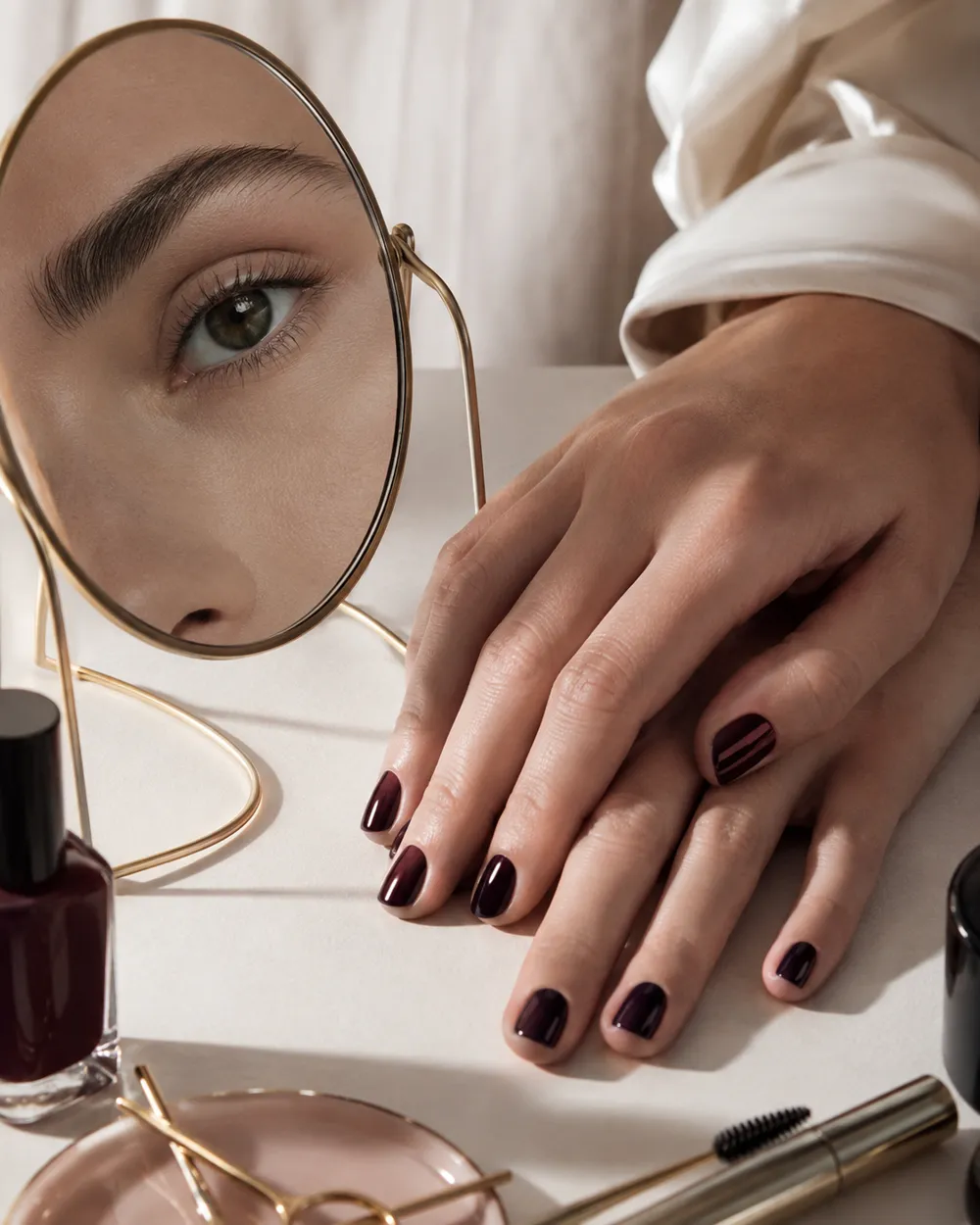 Composição ilustrativa com unhas esmaltadas, cílios e sobrancelha